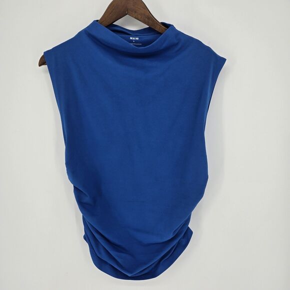 NWT Maeve Blue Mocked Neck Shell Top Large Cotton Blend Rouching - Picture 1 of 8